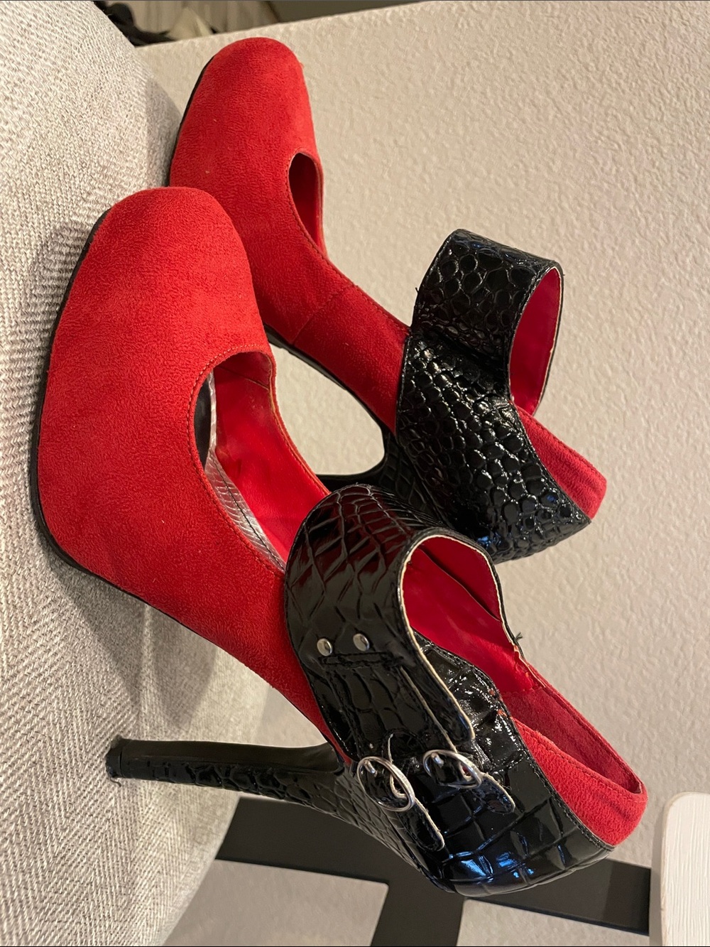 BAMBOO Red Suede Pump with Black Patent Croc Mary Jane Strap